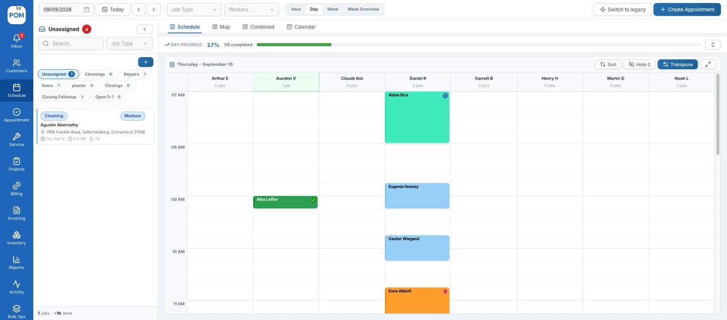 Pool Office Manager schedule in calendar view